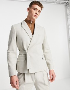 Укороченный костюмный пиджак скинни из саржи серого цвета с поясом ASOS DESIGN-Серый
