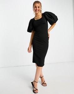 Черное платье миди с очень пышными рукавами Miss Selfridge-Черный цвет