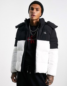 Черно-белый пуховик с капюшоном в стиле колор блок Calvin Klein Jeans-Черный цвет
