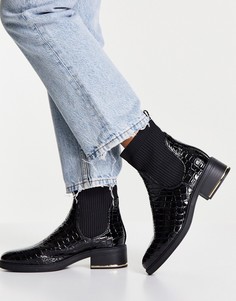 Черные ботинки на плоской подошве в стиле ботинок для верховой езды с отделкой под кожу крокодила New Look-Черный цвет