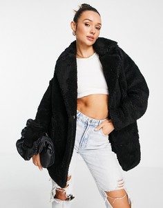 Черное пальто миди из искусственного меха с накладными карманами Topshop-Черный цвет