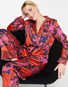 Подарочный набор из атласной пижамы и резинки для волос красно-розового цвета с цветочным принтом в комплекте с мешочком в тон Hope & Ivy-Разноцветный