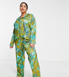Подарочный набор из атласной пижамы и резинки для волос зеленого цвета с цветочным принтом в комплекте с мешочком в тон Hope & Ivy Plus-Зеленый цвет