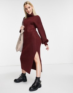 Темно-красное платье миди в рубчик с высоким воротом ASOS DESIGN-Красный