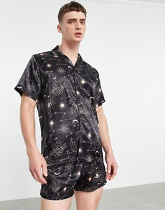 Атласная пижама с космическим принтом ASOS DESIGN-Черный цвет