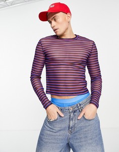 Облегающий сетчатый лонгслив с принтом в полоску ASOS DESIGN-Разноцветный