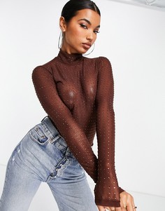 Коричневое сетчатое боди с высоким воротником и отделкой кристаллами ASOS DESIGN-Коричневый цвет