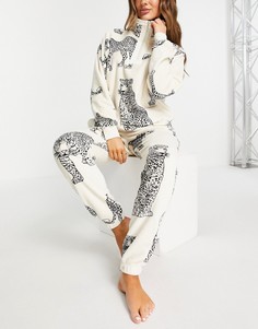 Уютный костюм из джоггеров и джемпера кремового цвета с принтом леопардов Chelsea Peers-Белый