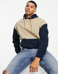 Оversized-худи темно-синего и бежевого цветов в стиле колор блок Jack & Jones Originals-Темно-синий