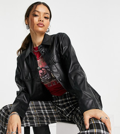 Черная рубашка из искусственной кожи с длинными рукавами и поясом Topshop Petite-Черный цвет