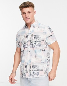 Голубая рубашка из эластичного поплина с короткими рукавами и коллажным принтом American Eagle-Голубой