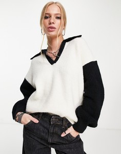 Монохромный трикотажный джемпер с воротником в стиле колор блок Topshop-Черный цвет