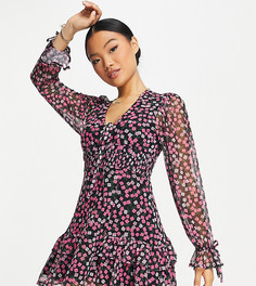 Трикотажное чайное платье с V-образным вырезом и цветочным принтом Topshop Petite-Разноцветный