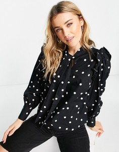 Черная блузка с бантом на горловине и принтом в горошек New Look-Черный цвет