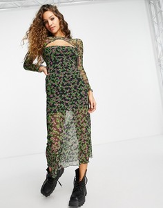 Сетчатое платье миди с вырезом и зелено-розовым цветочным принтом Topshop-Разноцветный
