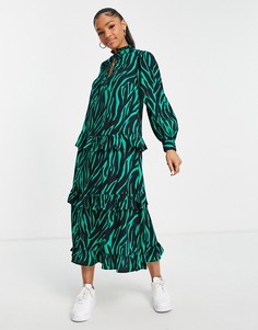 Ярусное платье миди с завязкой на шее и зеленым зебровым принтом New Look-Зеленый цвет
