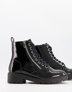Лакированные черные ботинки на шнуровке и плоской подошве с молниями New Look-Черный цвет