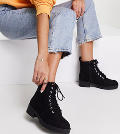 Черные ботинки из искусственной замши с металлической отделкой и шнуровкой New Look Wide Fit-Черный цвет
