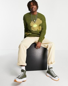 Джемпер крупной ручной вязки цвета хаки с цветочным принтом ASOS DESIGN-Разноцветный