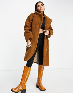 Светло-коричневое пальто из искусственного меха с большими карманами Selected Femme-Коричневый цвет