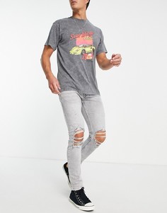 Серые рваные джинсы зауженного кроя из эластичной ткани Topman-Серый