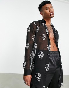 Прозрачная рубашка на Хэллоуин с принтом черепов ASOS DESIGN-Черный цвет