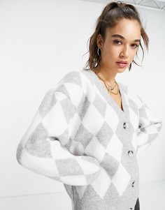 Вязаный кардиган серого меланжевого цвета с ромбами в тон Topshop-Серый