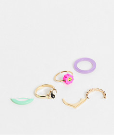 Набор из 6 разноцветных пластиковых колец и колец со вставками Pieces-Разноцветный