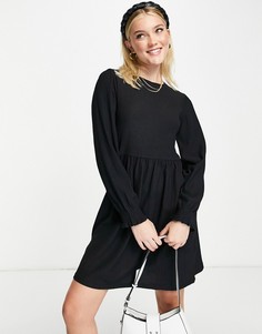 Черное платье мини из трикотажа с длинными рукавами и присборенной юбкой New Look-Черный