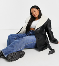 Черная куртка с искусственным мехом, воротником и поясом ASOS DESIGN Curve Luxe-Черный цвет