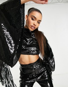 Черный топ с бахромой на рукавах, пайетками и открытой спиной ASOS LUXE-Черный цвет