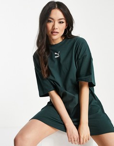 Темно-зеленое платье-футболка с маленьким логотипом Puma-Зеленый цвет