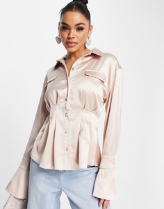 Нежно-розовая атласная рубашка с длинными рукавами и отделкой в корсетном стиле на талии ASOS DESIGN-Розовый