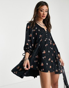 Черное платье-туника с цветочным принтом Free People Winter Sun-Черный цвет