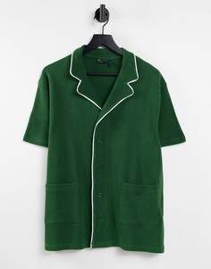 Свободное зеленое поло из вафельного трикотажа с карманами и белой окантовкой ASOS DESIGN-Зеленый цвет