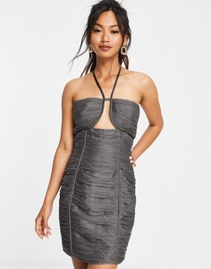 Присборенное платье мини с завязкой на шее и отделкой рюшами ASOS DESIGN-Серый