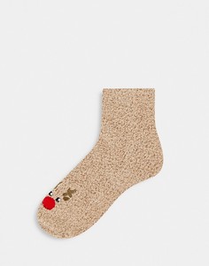 Пушистые носки с принтом оленя в новогодней подарочной упаковке Loungeable-Коричневый цвет