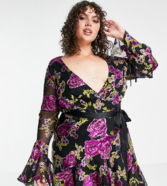 Эксклюзивное платье мини с запахом, вытравленным атласным цветочным узором и завязкой ASOS DESIGN Curve-Разноцветный