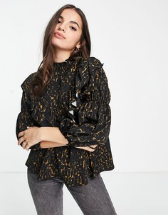 Черный свободный топ с высоким воротом, оборками и звериным принтом Fashion Union-Черный цвет