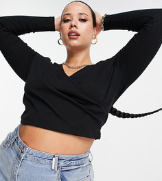 Черный кроп-топ с длинными рукавами и запахом спереди ASOS DESIGN Curve-Черный цвет