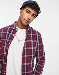Эластичная приталенная рубашка бордового цвета в клетку ASOS DESIGN-Красный