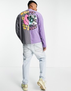 Oversized-лонгслив в стиле колор блок серого и фиолетового цветов с принтом в стиле граффити на спине ASOS DESIGN-Разноцветный