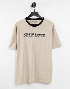 Oversized-футболка из смесового органического хлопка песочного цвета с принтом "Self Love" Selected Homme-Светло-бежевый цвет