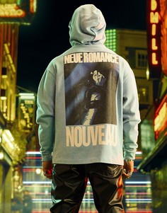 Oversized-худи выбеленного голубого цвета с большим принтом на спине ASOS DESIGN-Голубой