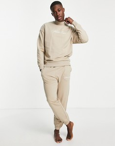 Бежевый свитшот и джоггеры в стиле oversized для дома с логотипом-надписью Jack & Jones-Светло-бежевый цвет