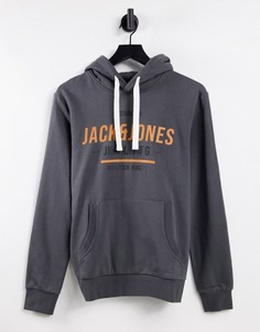 Худи цвета асфальта цвета без застежки с логотипом Jack & Jones-Серый
