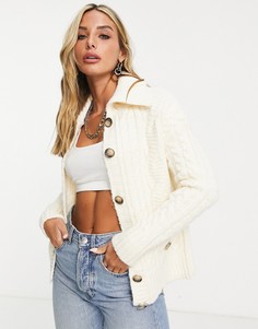 Кремовый вязаный кардиган с воротником и узором "косы" River Island-Белый