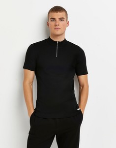 Черная трикотажная футболка с короткой молнией River Island-Черный цвет