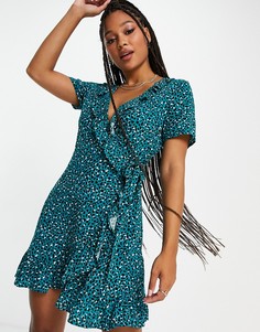 Бирюзовое платье мини с запахом, оборками и мелким цветочным принтом Only Nova-Разноцветный