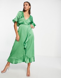 Атласное платье миди зеленого цвета с запахом AX Paris-Зеленый цвет